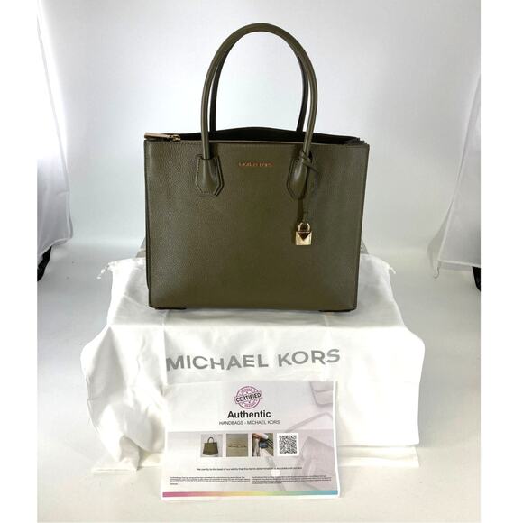 MICHAEL KORS, PEBBLED LEATHER OLIVE GREEEN LARGE HANDBAG - Picture 2 of 16